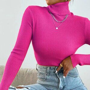 Hot Pink Casual Women's Turtleneck Ribbed Knit Long Sleeve Pullover Sweater